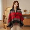 Faux Wool Double‑Sided Plaid Poncho Shawl Thick Knit Checkered Fringe Cape Blanket Shawl  Winter