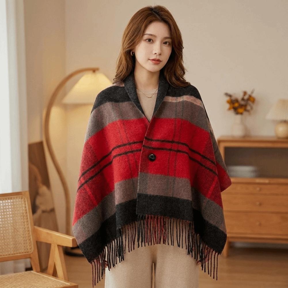 Faux Wool Double‑Sided Plaid Poncho Shawl Thick Knit Checkered Fringe Cape Blanket Shawl Winter