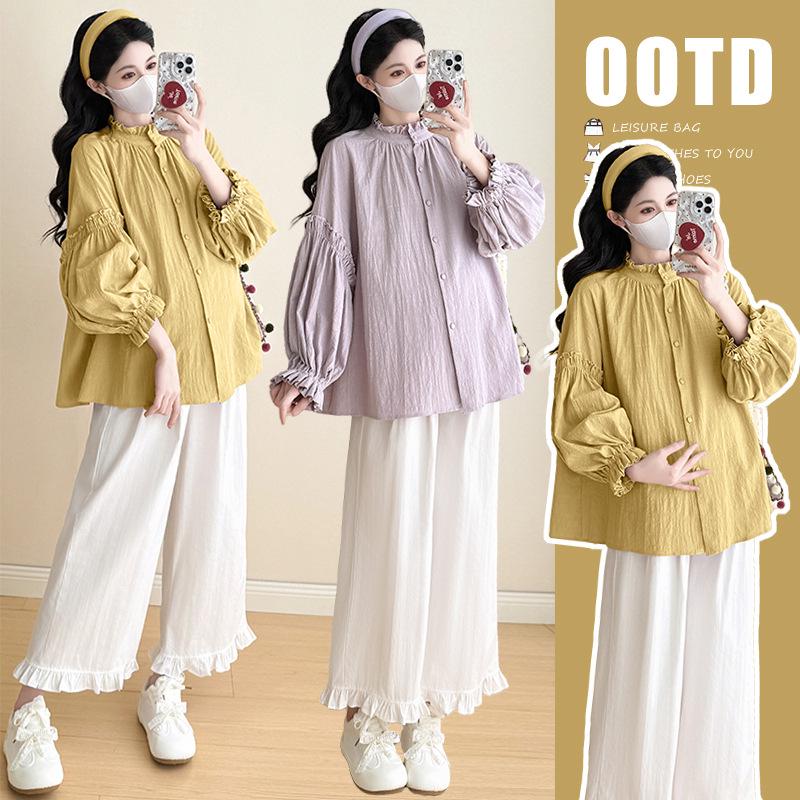 Spring 2026 Maternity Set: Literary Ruffle Collar Cotton Linen Shirt & Ruffle Pants with Lantern Sleeves L