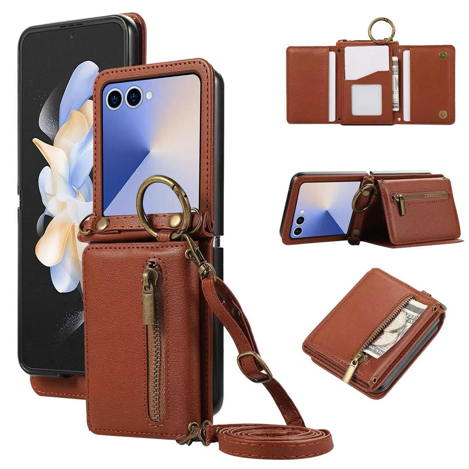 

For Samsung Galaxy Z Flip7 5G Leather Back Cover Zipper Wallet Kickstand Phone Case with Shoulder Strap F