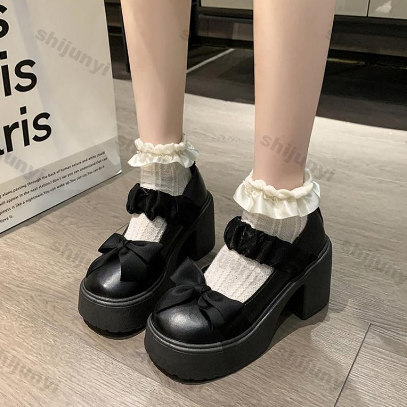 Damskie Buty Mary Jane Okrągły Nosek Platforma Grube Obcasy Styl Brytyjski Kokardki Eleganckie Grube Obcasy Damskie Buty Ślubne Wsuwane Mokasyny