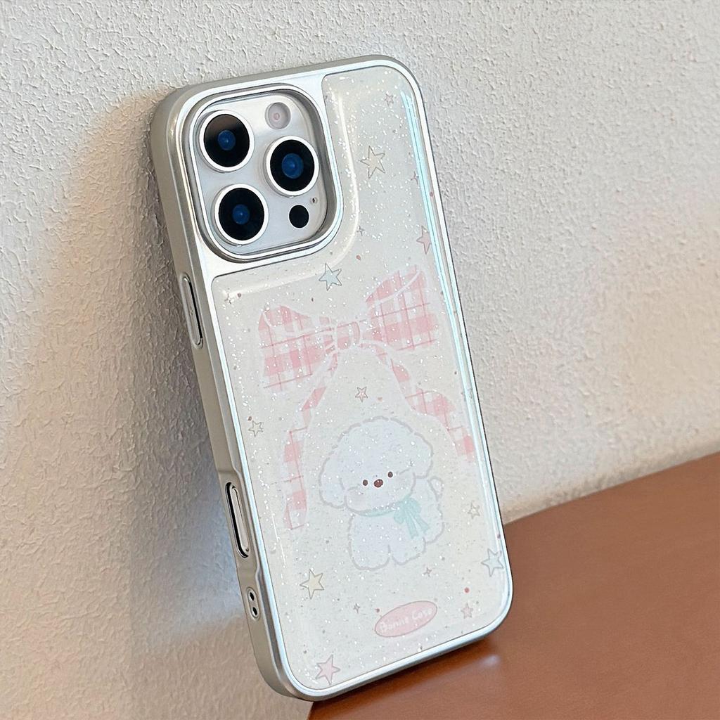 Etui w stylu Instagram z kokardką dla szczeniaka na IPhone 17, 16 Pro Max, IPhone 15, brokat z żywicy epoksydowej, 17mm Twardy Huawei