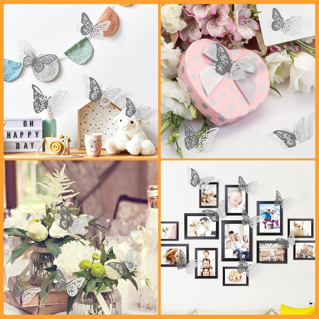48 Pcs Silver Butterfly Decorations Butterfly Wall Decor 3D Butterfly Party Decorations Butterflies for Bouquet Cake Decorating