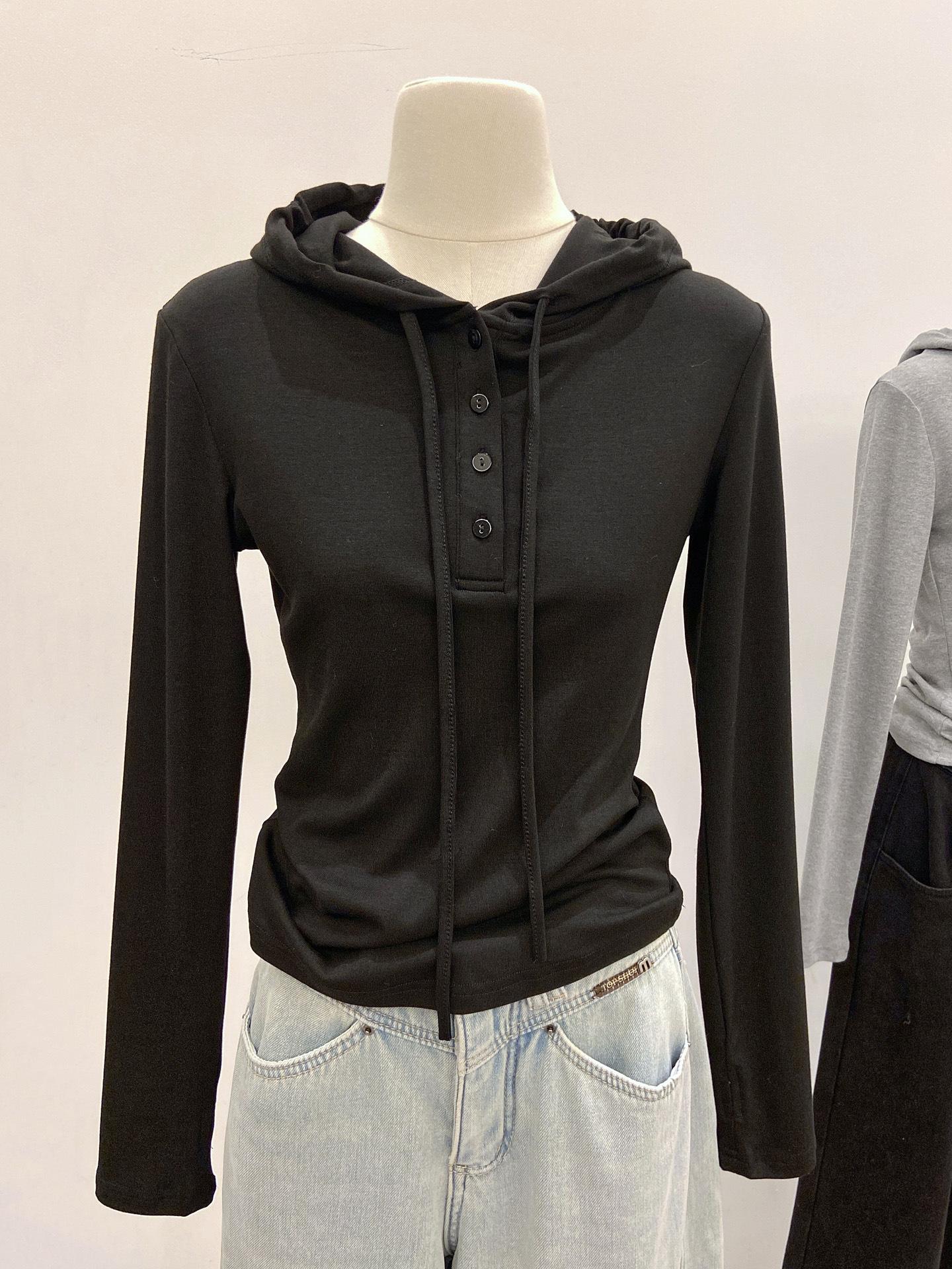 

Women s High-End Hooded V-Neck Buttoned Long Sleeve Base Layer Top for Fall/Winter M чёрный