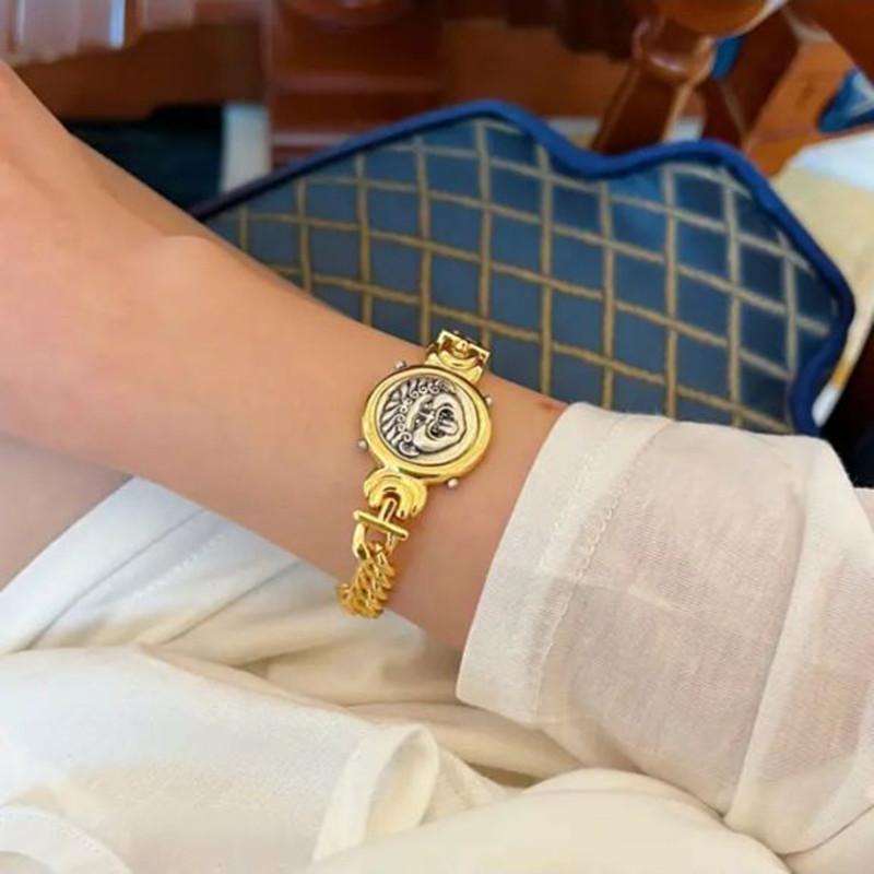Retro Copper Plated 18K Real Gold Inlaid Double-Layer Relief Fashion Ancient Coins Niche High-End Thick Chain Bracelet Women