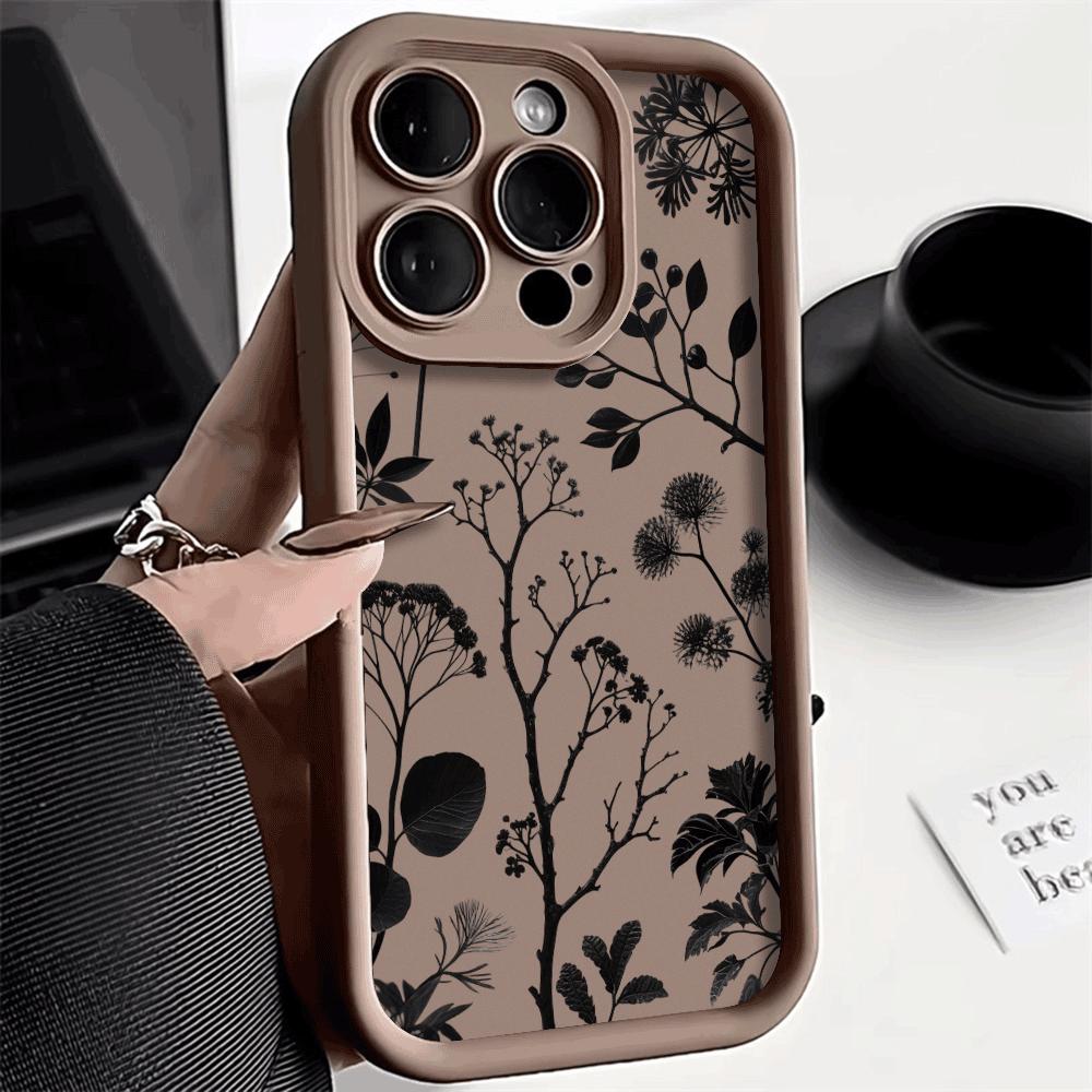 Black Plant Silhouette Pattern Phone Case for IPhone 14 15 16 Plus 13 12 11 16 Pro Max 12 Mini XS Max Anti-Scratch Soft Cover