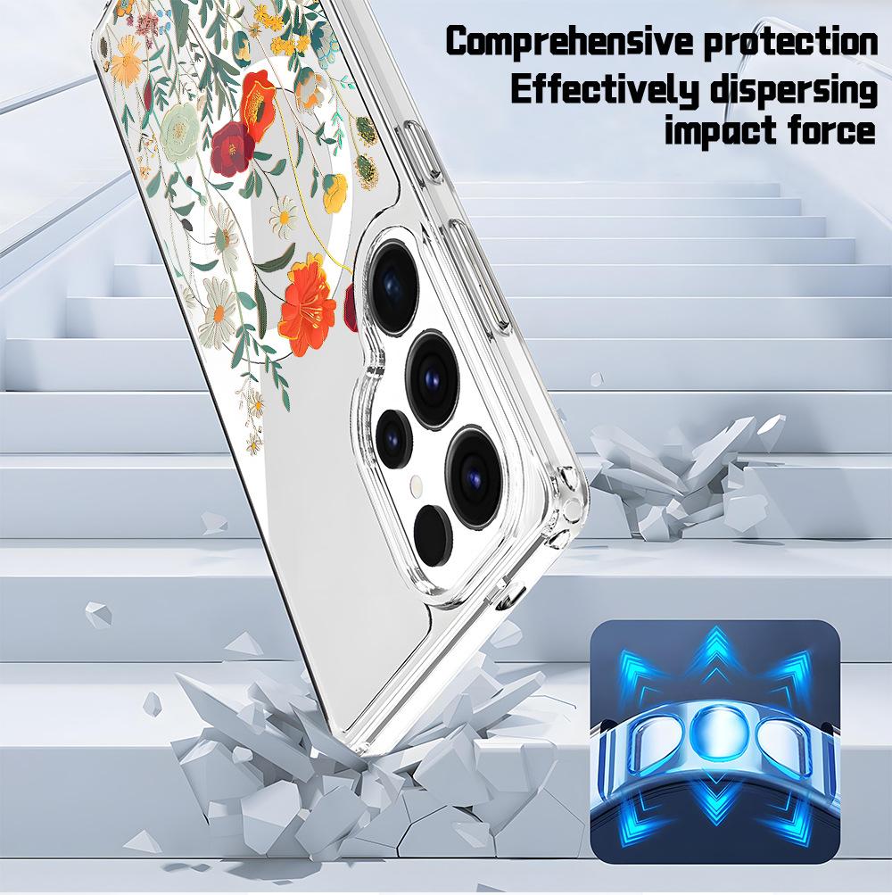 Independent Station Hot-selling Retro Colored Flowers for Samsung 25 Magnetic Mobile Phone Case Transparent s24Plus Hard Case S22