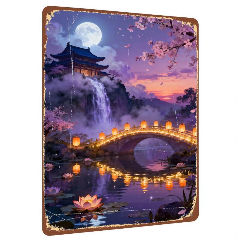 

Ancient Chinese Landscape Waterfall Night Scene Metal Iron Painting Home Decor Wall Art for Living Room Study 20x30cm（7.8x11.8inch）
