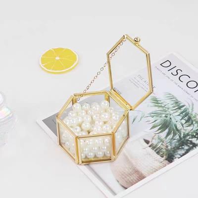 Coffret à bagues hexagonal haut de gamme, coffret à bijoux en or et accessoires, boîte de rangement luxueuse et rétro en verre doré