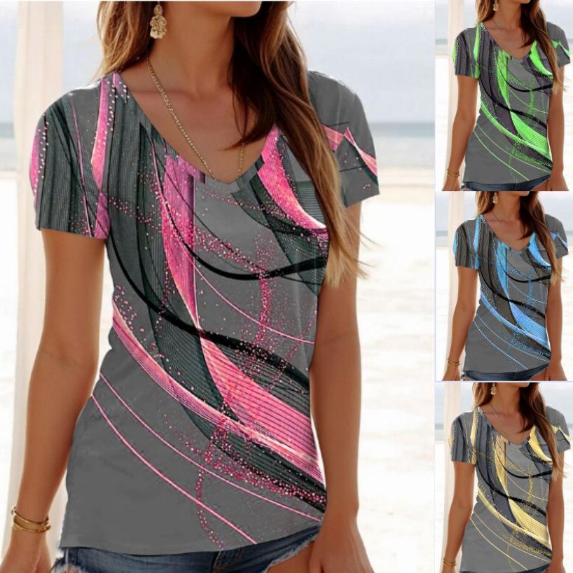 Summer V-neck 3D Printed Top Fashionable Casual Short Sleeved Women's T-shirts