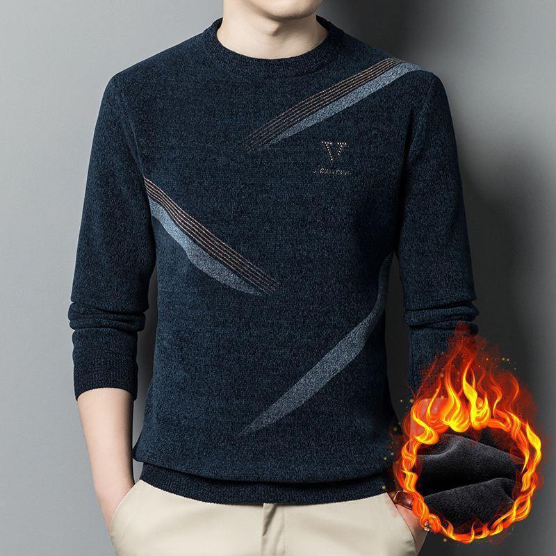 Winter Men's Crewneck Long Sleeve Sweater New Men's Chenille Plus Fleece Knit Sweater Men's Casual Men's Undercoat