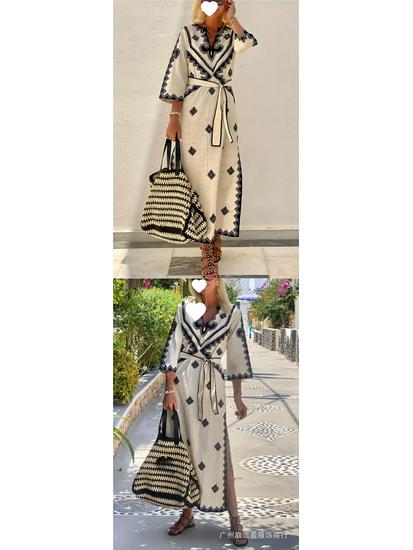 European & American Bohemian Printed Belt Dress - Autumn/Winter Women's Fashion.