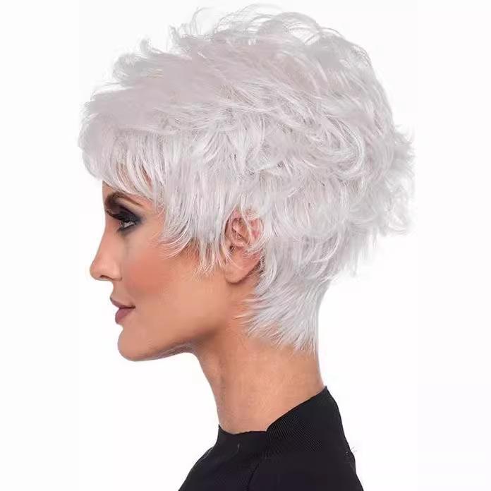 Women’s Short Silver White Wig with Side Bangs Fluffy Flipped Style Synthetic Hairpiece