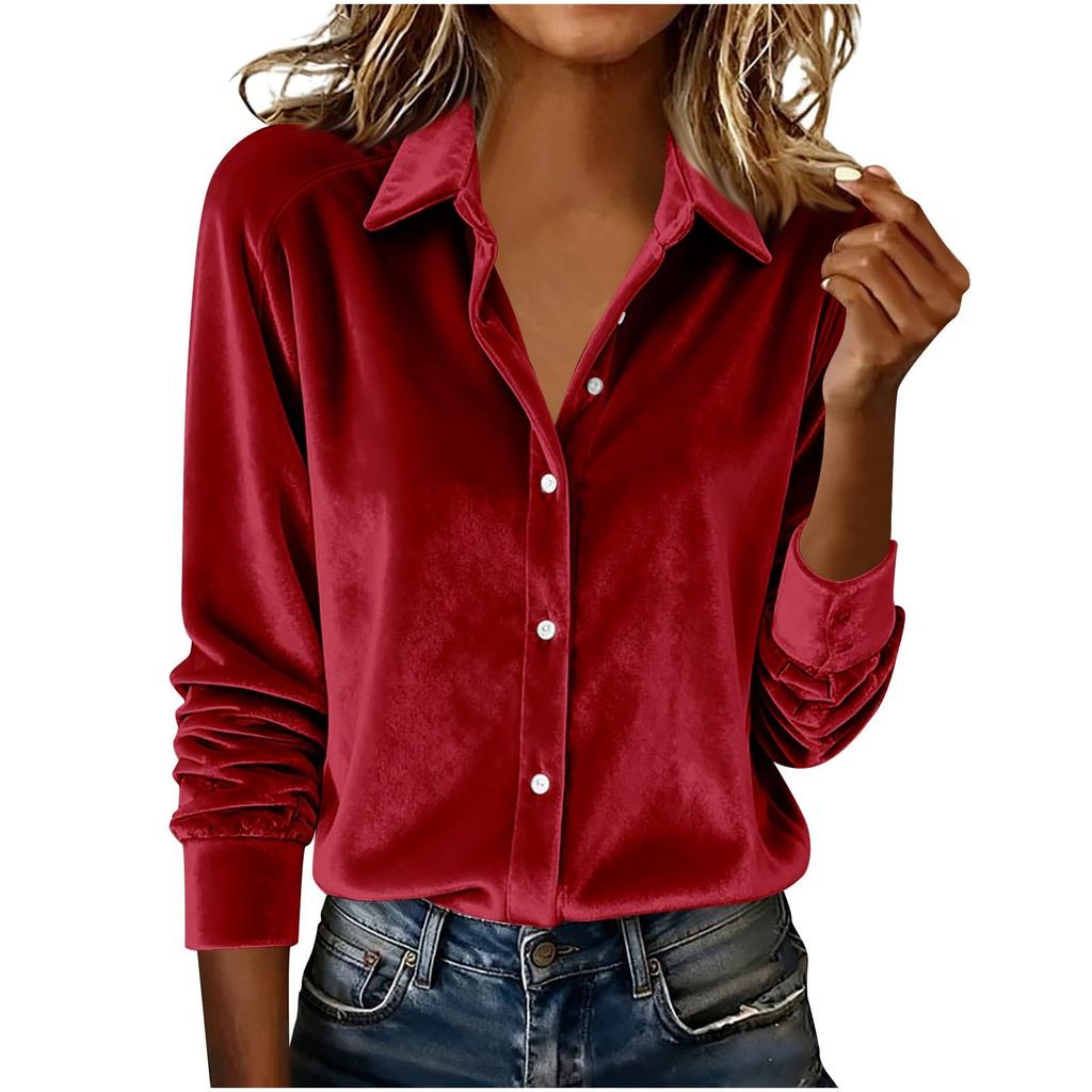 Women's Fashionable Color Lapel Long Sleeved Casual Loose Gold Velvet Shirt Top