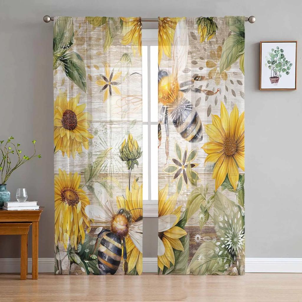 Bee Insect Golden Yellow Transparent Drapes for Bed Chamber Living Room Ornamentation Window Panel Curtain for Cooking Area Tulle Sheer Fabric