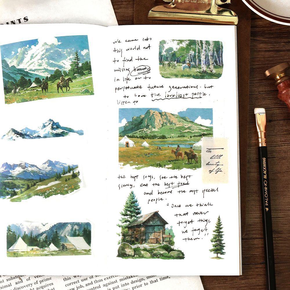Mr. Paper, Landscape Grassland Themed Adhesive Tape Stickers, Photo Frames, Greeting Cards, Scrapbooks, Decorative Stickers