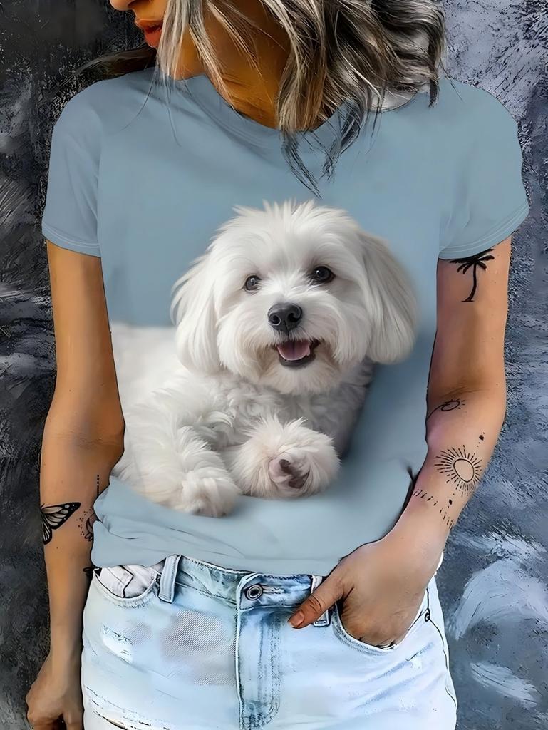 Women's Tops 2026 Trend T Shirt 3D Dog Graphic Printing Summer Breathable Round Neck Short Sleeved Top Fashion Clothes for Woman