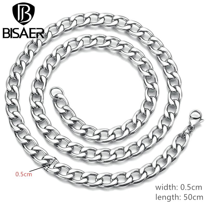 Bisaer Cuban Necklace for Men Women Titanium Punk Vintage Fashionable and Versatile Link Chain Necklace Silver Metal Jewelry