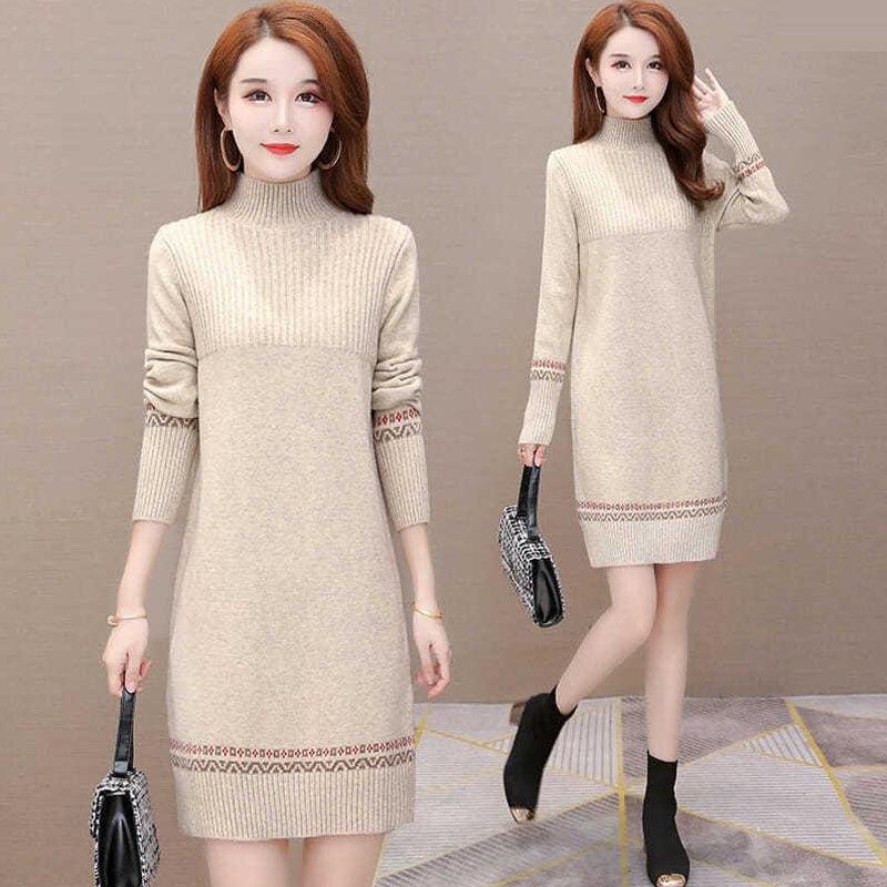 

Mid-length Knitted Sweater for Women s Autumn and Winter Casual Half Turtleneck Sweater Dress Loose Long-sleeved Pullover 2XL бежевый