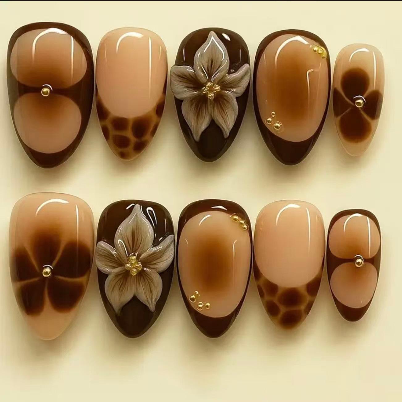 30-Piece Set: Trendy 3D Brown Flower Gradient French Almond Nail Art Tips