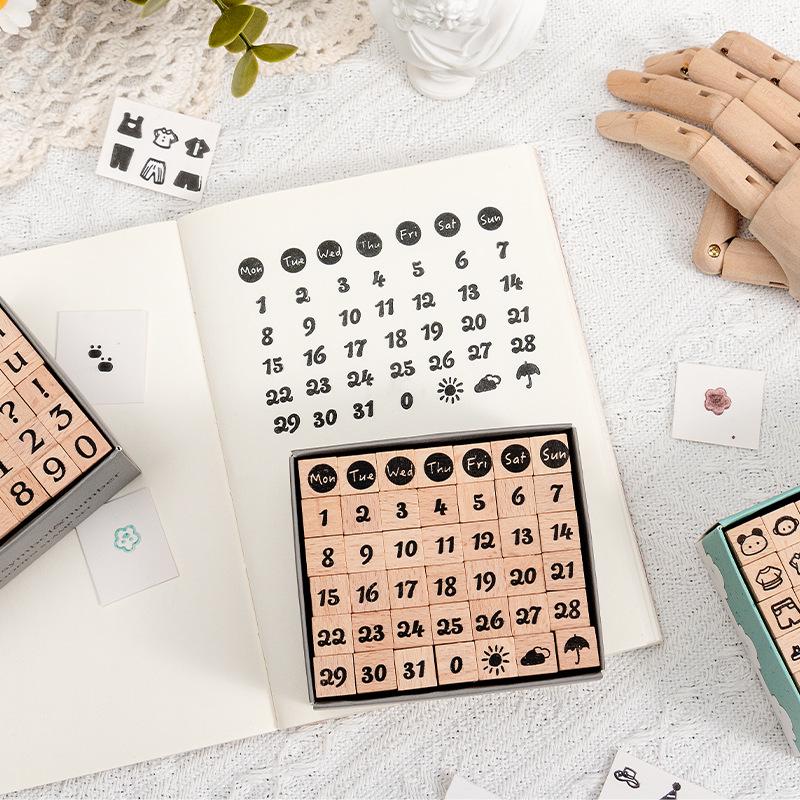 42-Piece Wooden Stamp Set: Numbers, Letters, Geometric Shapes & Happy Party Series