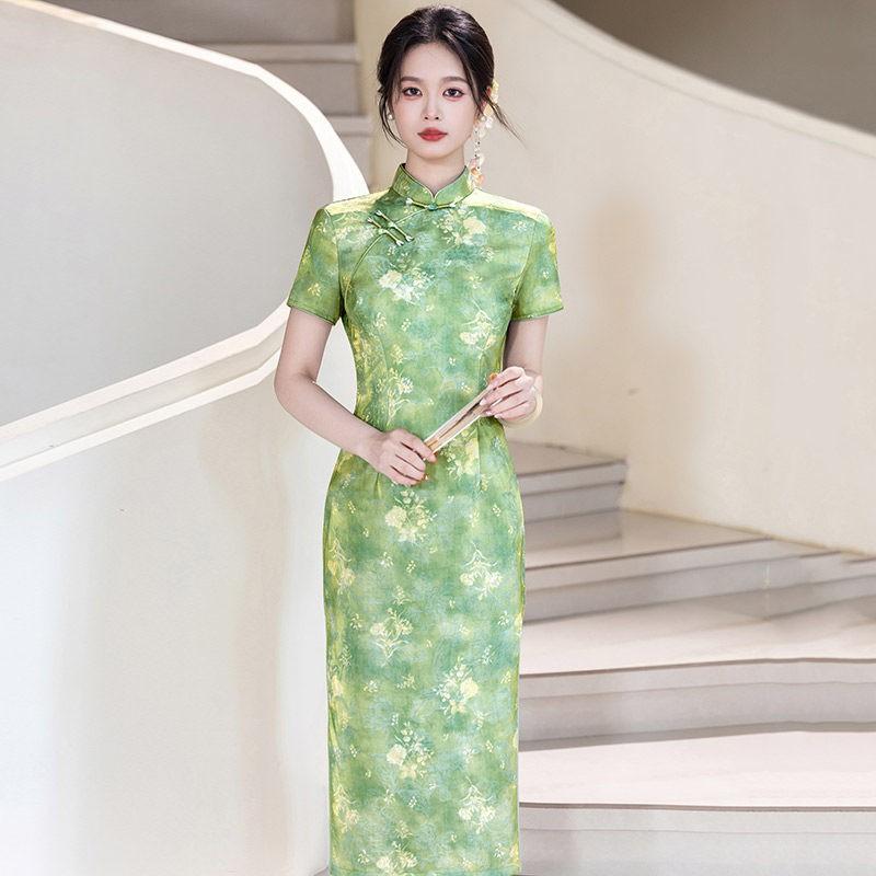Green Modern Chinese-Inspired Long Qipao Dress Women 2026 Stylish Retro Fit With Stand Collar Small