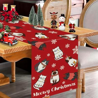 1Pcs Christmas Cat Table Runner Polyester With Festive Cat Snowflake And Merry Christmas Design For Dining Table Decor Holiday