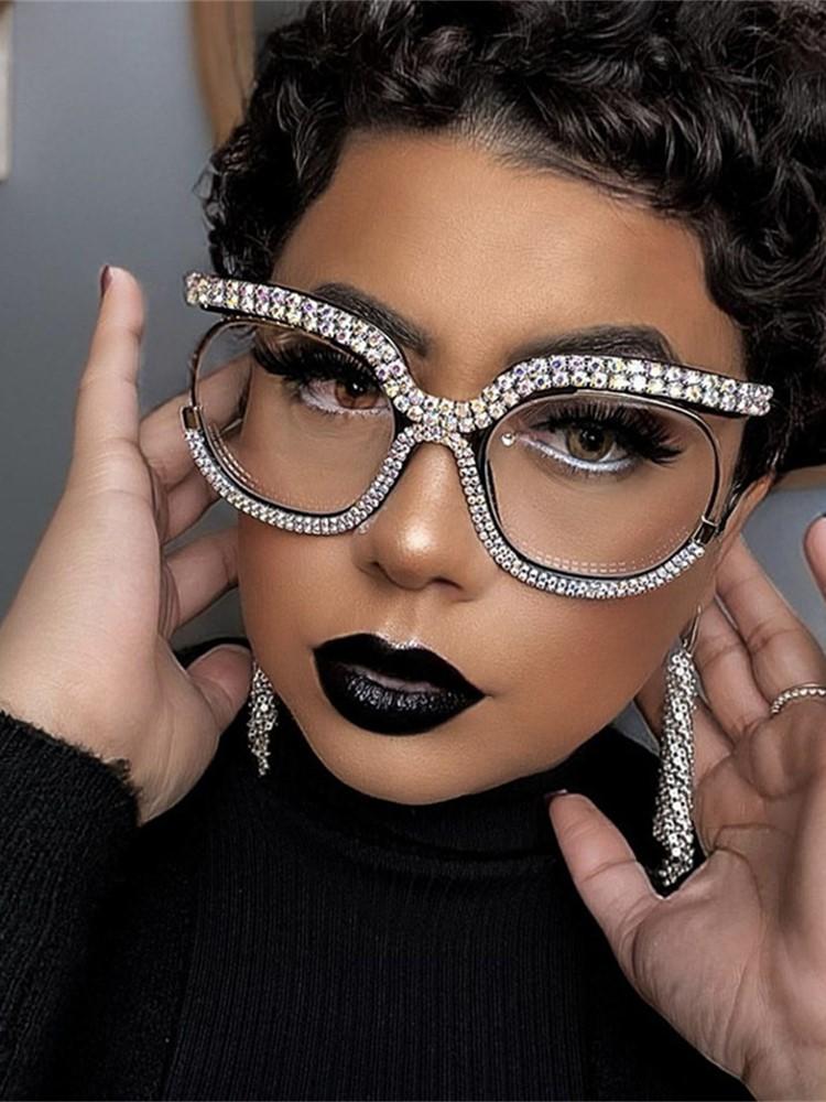 Ins Rainbow Crystal Frame Fashion Retro Round Anti Blue Ray Female Glasses Vintage Oversized Frame Eyewear Accessories