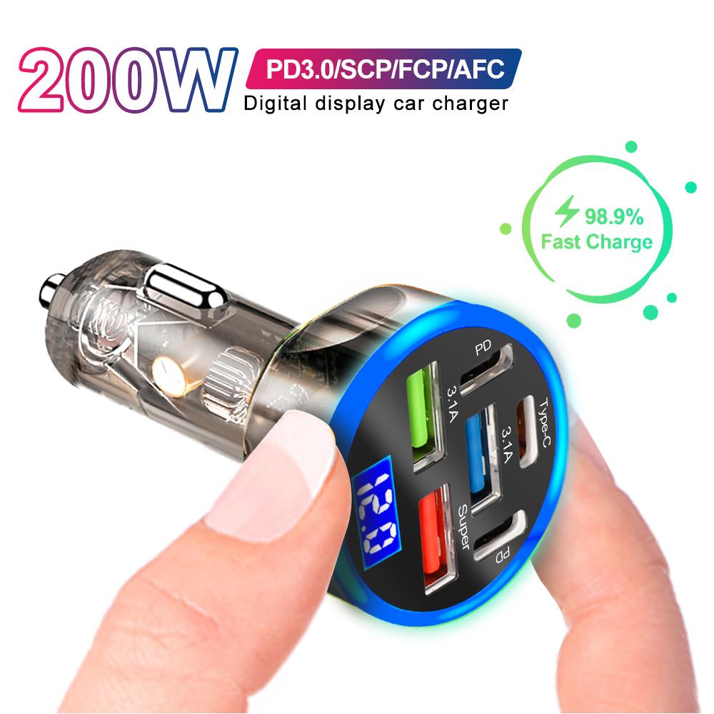 3 USB 2 PD 200W Ładowarka samochodowa typu C Szybkie ładowanie Wyświetlacz cyfrowy LED Samochodowy adapter do telefonu komórkowego iPhone Samsung Huawei Xiaomi