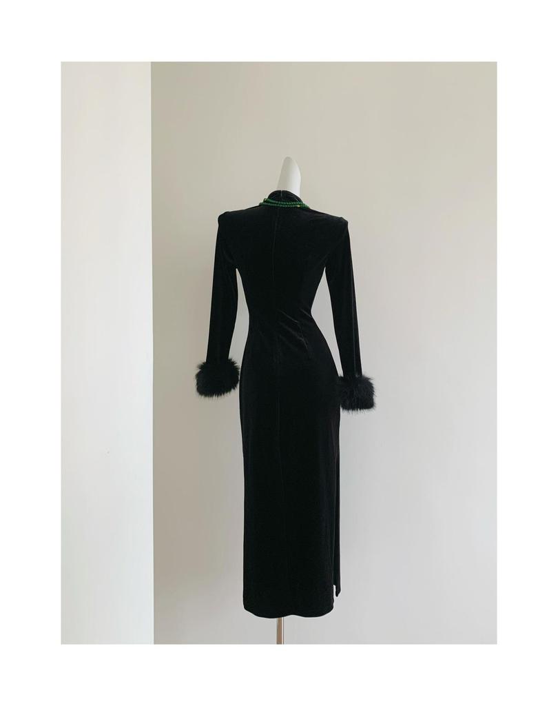 High-End Embroidered Velvet Cuff Wool Cheongsam Dress