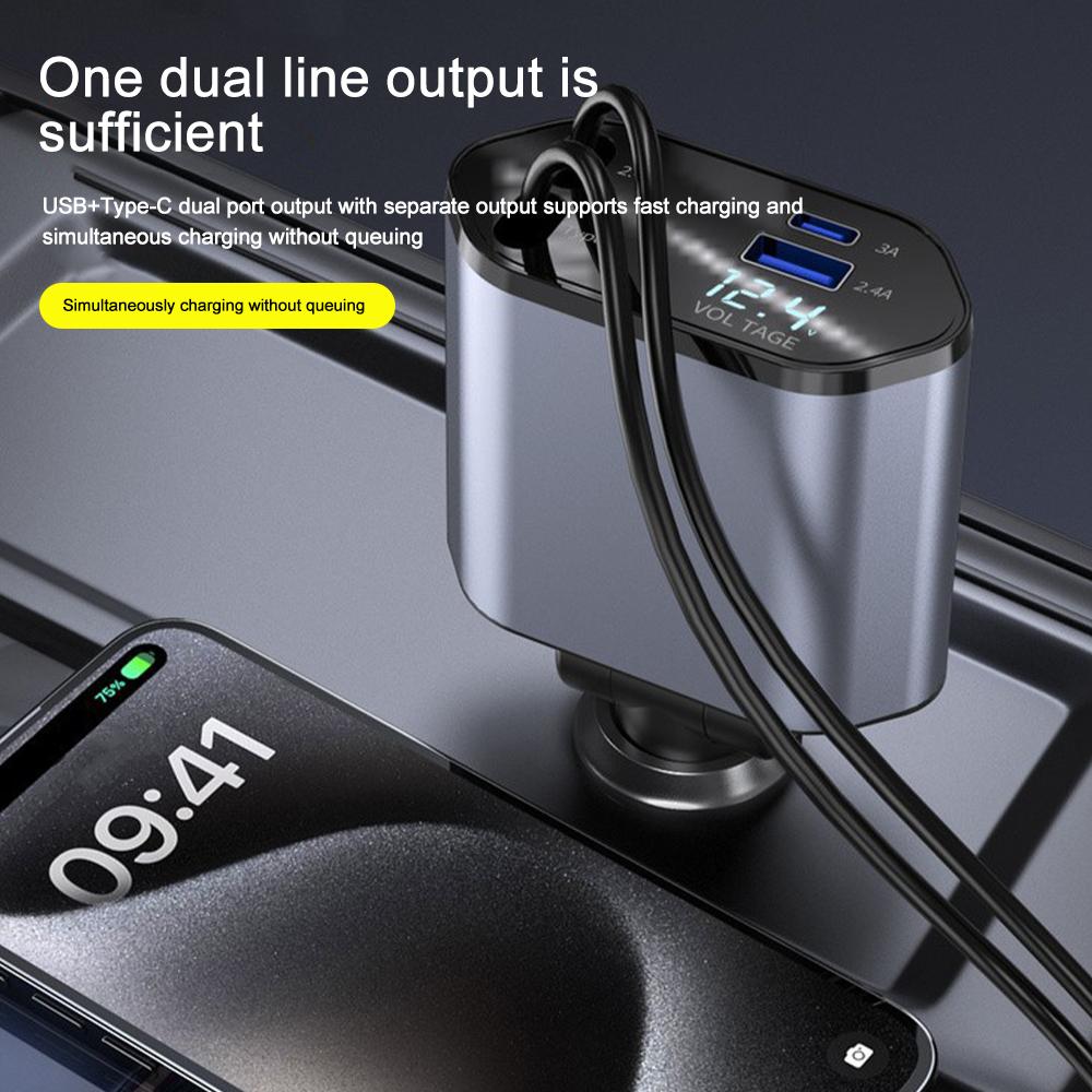 120W Car Charger USB Type C Fast Charge Adapter with Voltage Display 4 In 1 Retractable Cable Phone Car Charger for IPhone Huawei Samsung