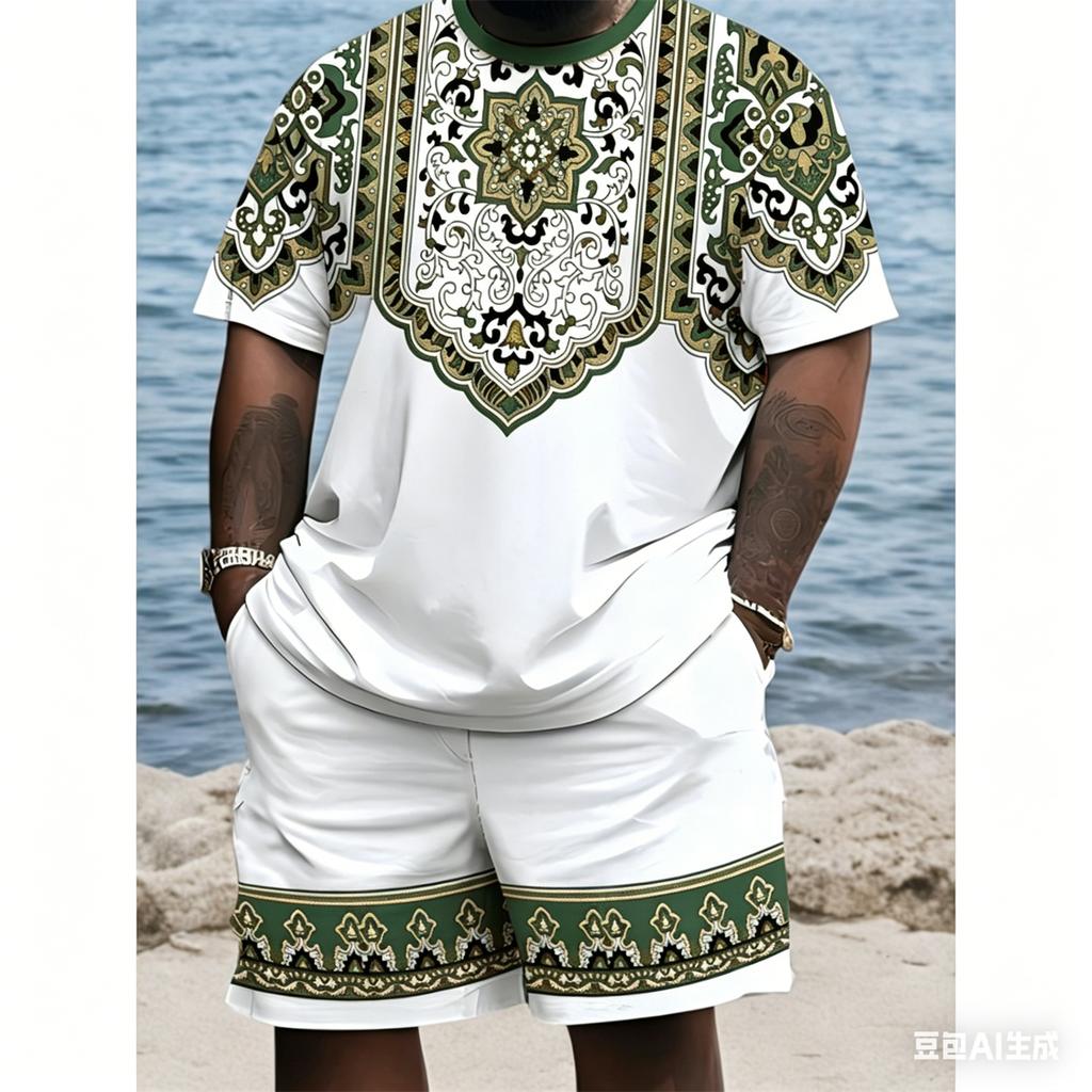 Men's Plus Size 3D Digital Print Short Sleeve Shorts Set, Ethnic Style, PLUS SIZE