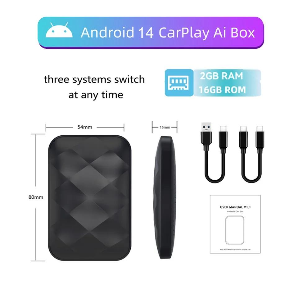 

3 in1 Smart Ai Box Wireless Carplay Adapter Android Auto 2G+16G Car Multimedia Player Android 14 for Youtube Netflix Universal TV Box
