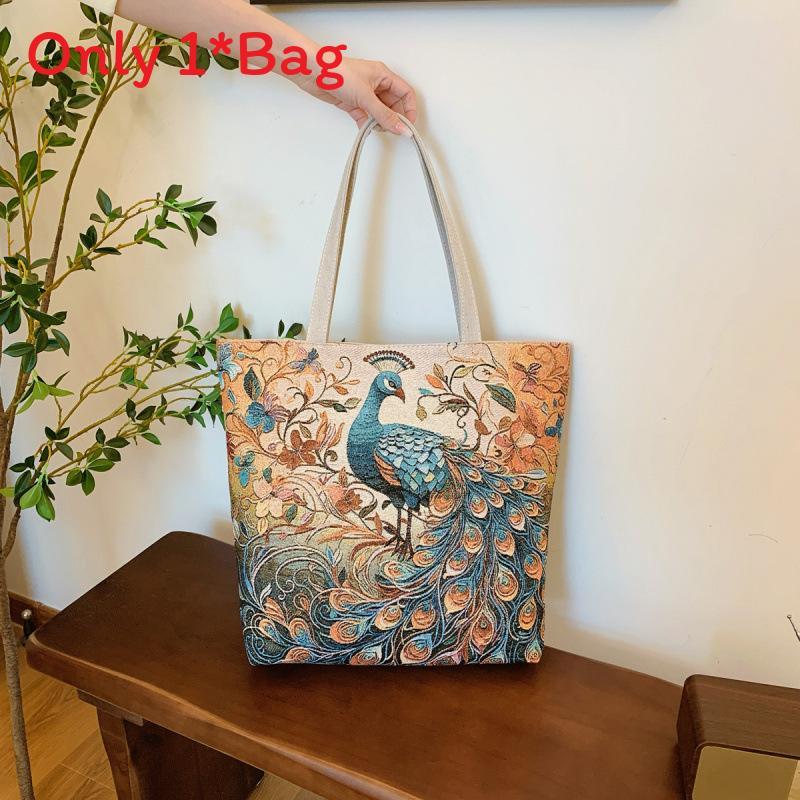 Ethnic Style Canvas Tote Bag With Doublesided Embroidered Silk Thread Floral For Daily Use