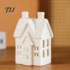 Desktop Artistic Ornament Ceramic House Shape Candle Holder, White Hollow Tea Light Holder Indoor Tabletop Holiday Decor Ornament, Miniature Figurine