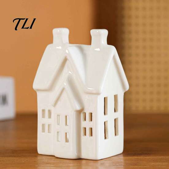 Desktop Artistic Ornament Ceramic House Shape Candle Holder, White Hollow Tea Light Holder Indoor Tabletop Holiday Decor Ornament, Miniature Figurine