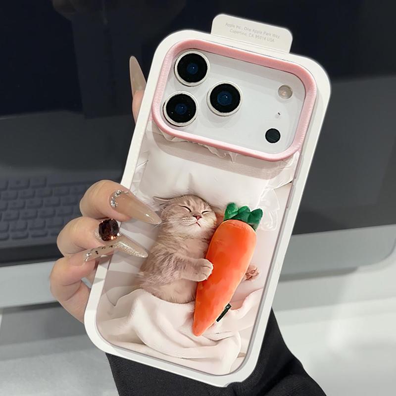Sleeping Cat Carrot Pattern Case For iPhone 17 Pro Max Funda iPhone 16 Pro Max 15 14 13 12 11 Air 16E Leather Texture Silicone Cover