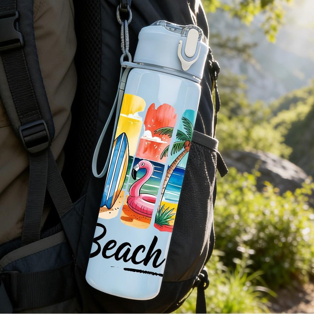 1PC Beach Vibes Tropical Retro Vacation Badge 750ml Color Plastic Sports Water Bottle Leakproof Flip Straw Lid Suitable for Sports Office Home Use