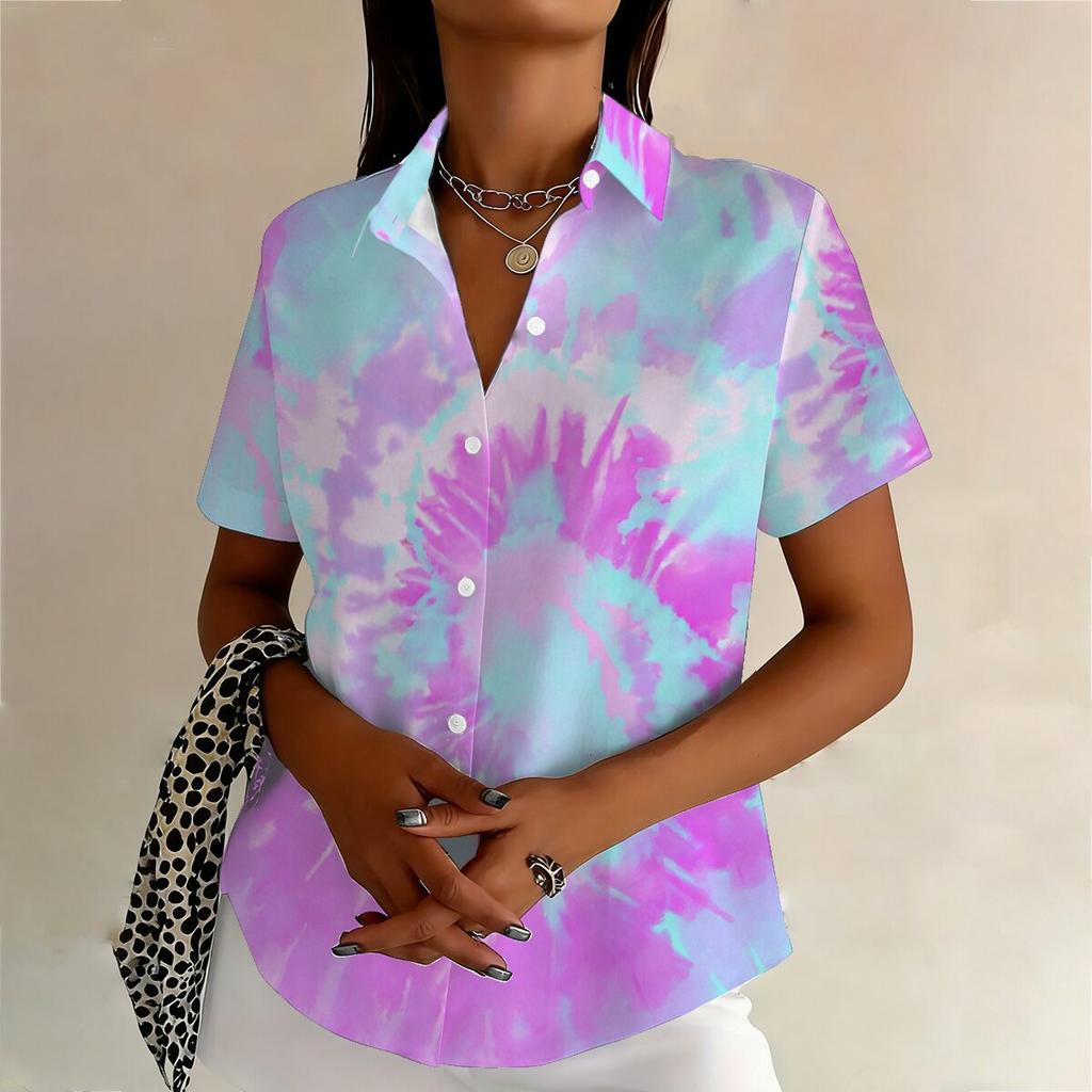 Summer New Plus Size Women's Tie-Dye Print Short-Sleeve Shirt - Loose, Comfortable, and Stylish