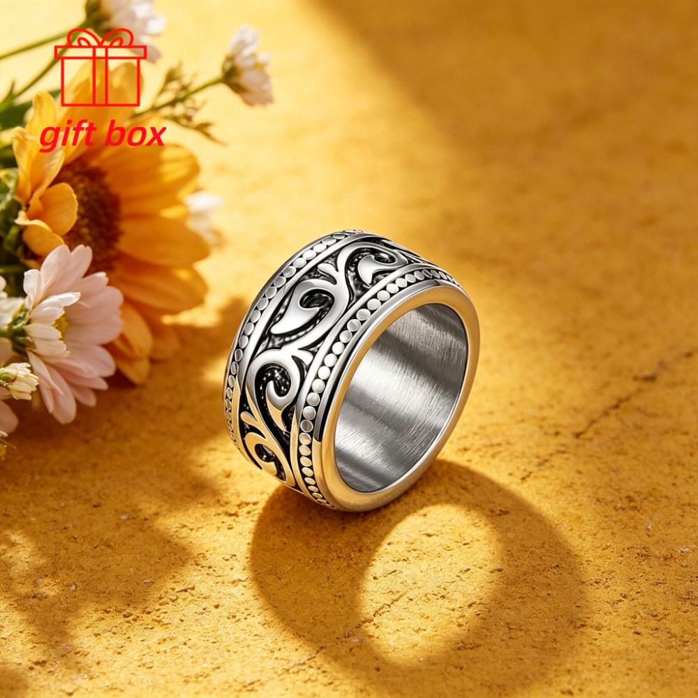 Fashion925Silver ring with wide band, vintage style men's ring, comes with a jewelry gift box, making it an ideal gift for birthdays and holidays, a