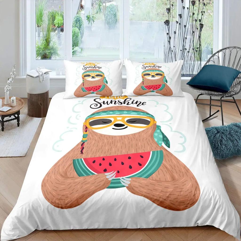 Cartoon Sloth King Queen Duvet Cover Kids Cute Animal Bedding Set Bathtub Decor Blue Comforter Cover Soft Polyester Quilt Cover