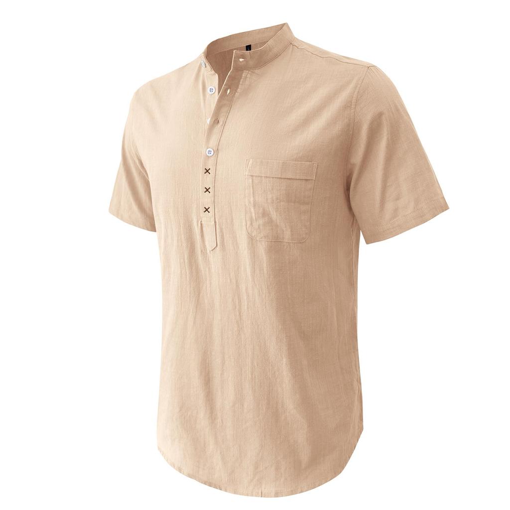 Cotton Linen Shirts for Men Solid Color Short Sleeves Henley Collar Loose Shirt Holiday Hawaiian Beach Casual Wear Comfy Fashion Menswear