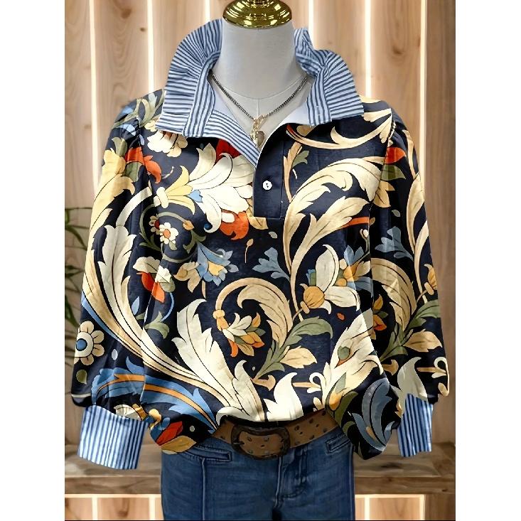 Women's Retro Christmas Pattern Blouse - Turn-Down Collar Long Sleeve, Loose Casual Silhouette, Festive Gift Tree Print Top Suitable for Fall/Winter