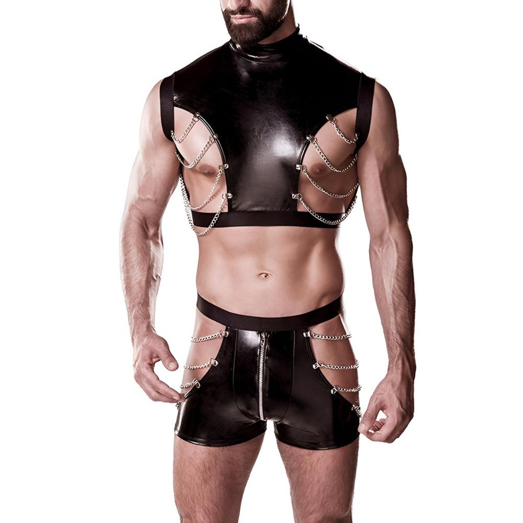 Men's Lingerie PU SM Sexy Set, Men's Clubwear, Performance Costume, Chain Restraint Outfit