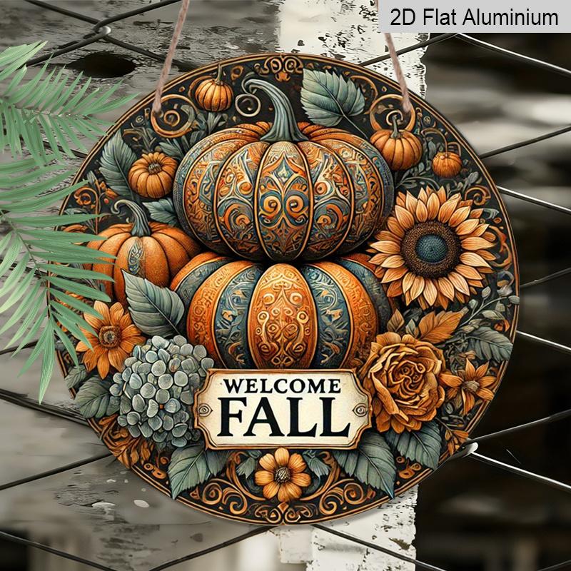 2D Flat, 1pc Vintage Autumn Harvest Metal Wall Sign - Fall Welcome Plaque with Corn, Wheat & Grain Stalks, Aluminum Outdoor/Indoor Decor Suitable for