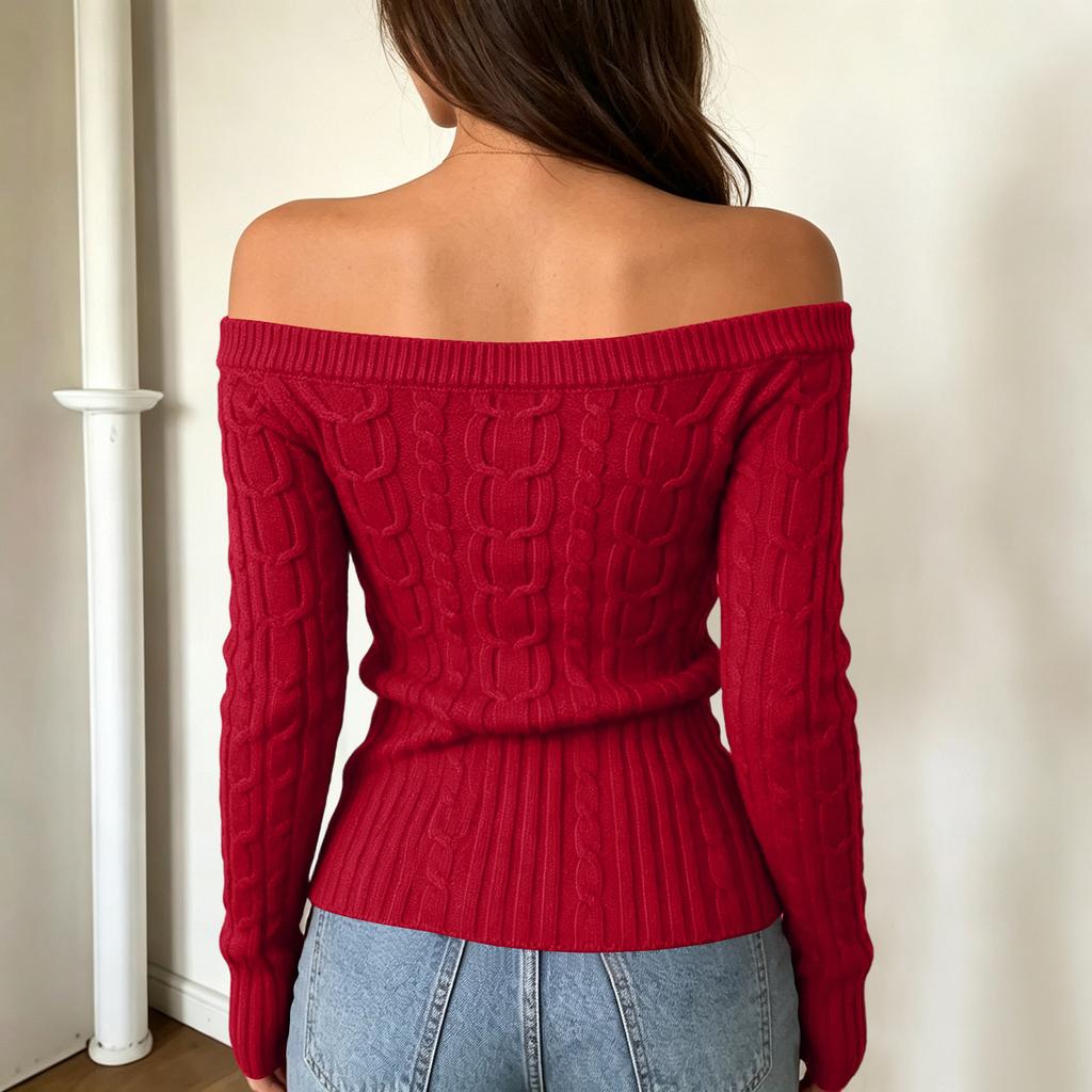 Women's Casual Off-Shoulder Cable Knit Long Sleeve Sweater