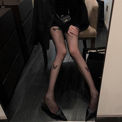 Seksi İlkbahar-Sonbahar İnce Flok Baskılı Kelebek Siyah Çoraplar - Niş Beyaz İpek Kelebek Külotlu Çorap