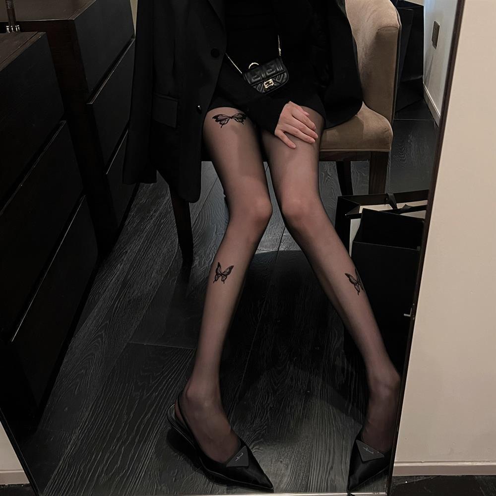 

Sexy Spring-Autumn Thin Flocking-Printed Butterfly Black Stockings - Niche White Silk Butterfly Pantyhose One Size