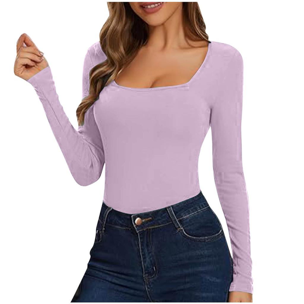 Women's Fashion Casual Long-Sleeved Knit Top With Fleece , Square Neck, Solid Color, Slim Fit, Elastic Top