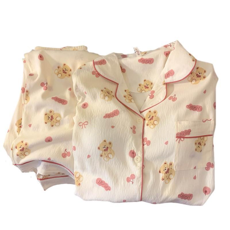 1011 new pajamas female sweet girl student teddy bear long sleeves trousers lapel cardigan set loungewear